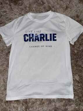 "Live Like Charlie" White Tee with Navy Graphic